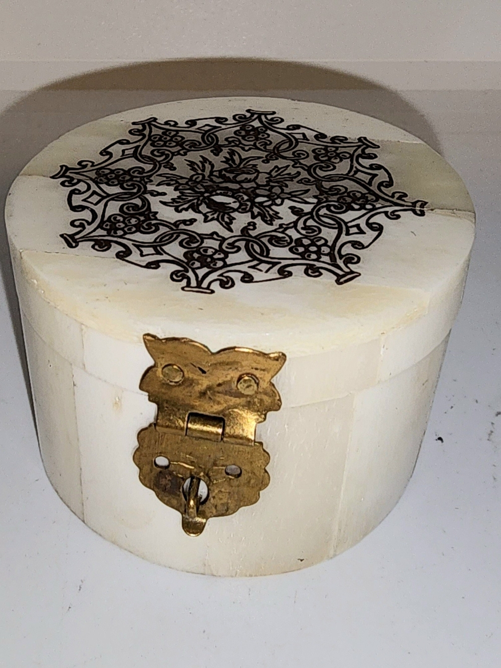 Floral Engraved Bone Ring Box made with natural ox bone tiles inlaid on wood